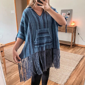 Raquel Allegra Blue Wool Cashmere Knit Blend Relaxed Pullover Poncho Sweater NWT